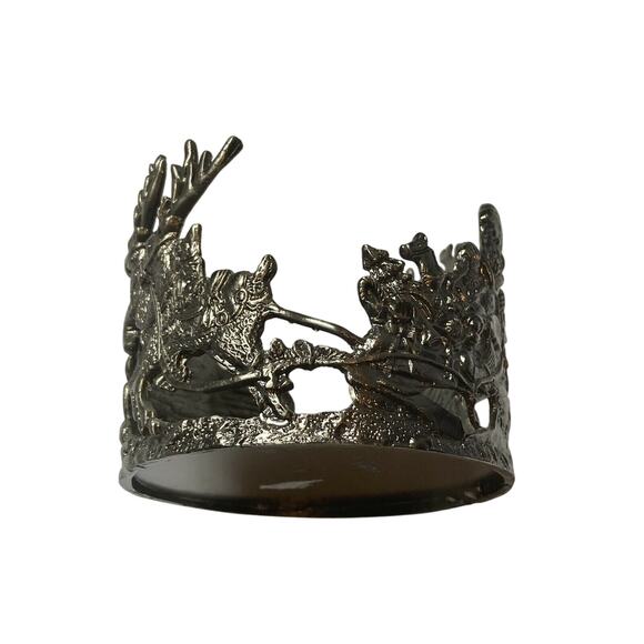 Pewter Santa Reindeer Sleigh Christmas Candle Holder Round Metal 3.5 Inch - Picture 2 of 3